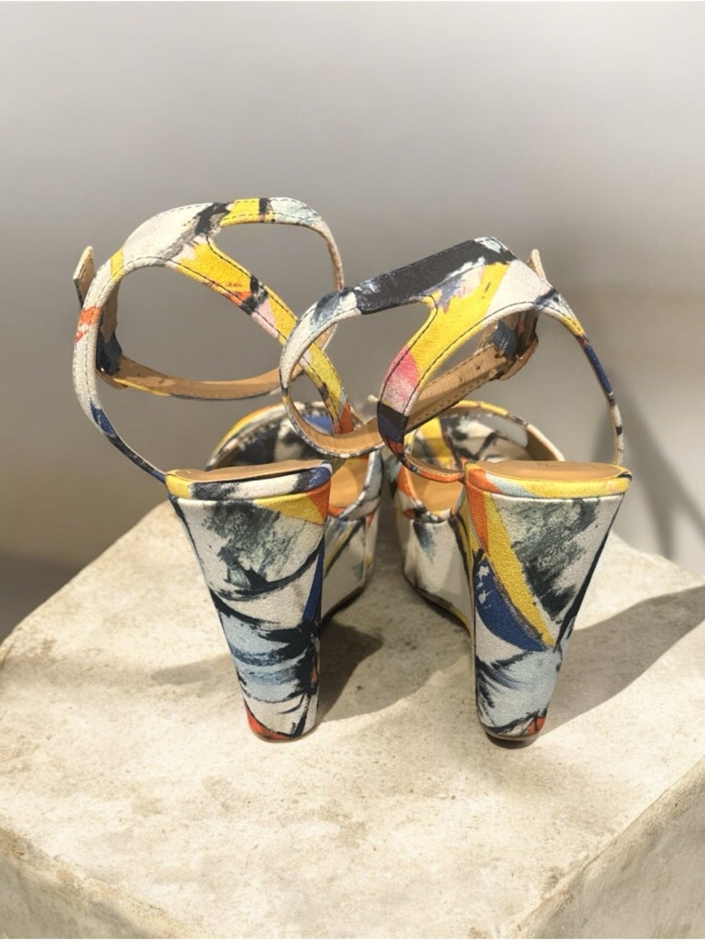BAMBOO Multicolor Abstract Print Platform Ankle-Strap Heels - Picture 3 of 4